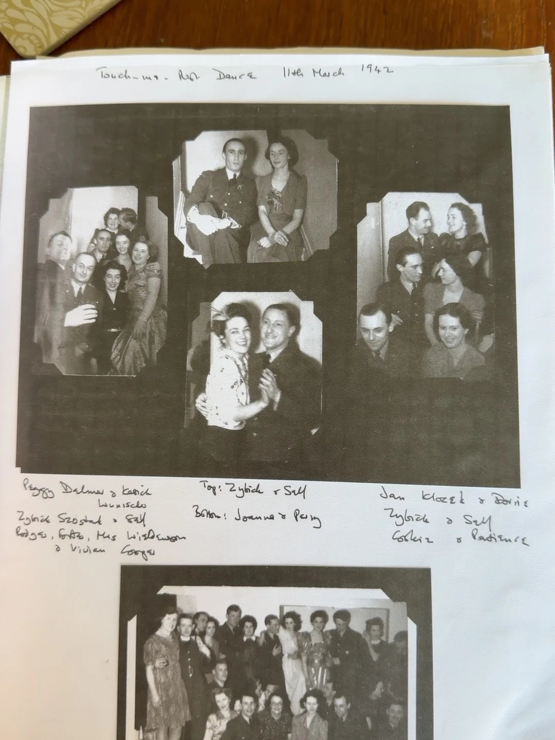 Annotated wartime photographs from a Touch-me-not RAF dance in March 1942