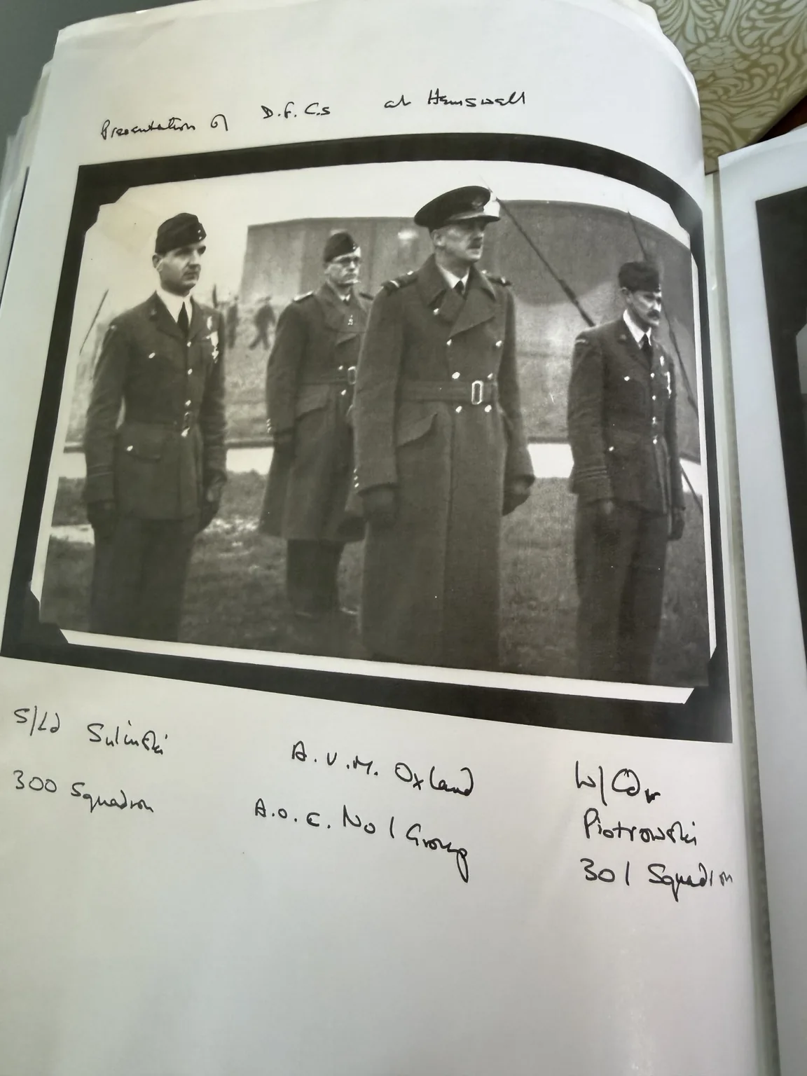 Peggy's annotated photograph of Polish RAF officers and Air Vice-Marshal Oxland at Hemswell