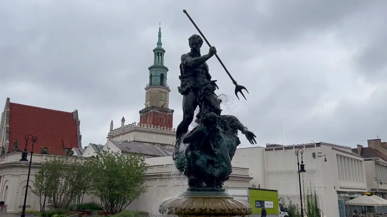 Historic centre and fountain sculpture in Poznań