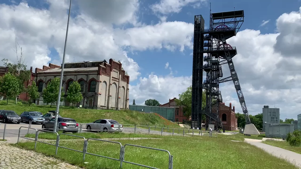 Historic industrial landscape in Katowice with a mine shaft tower