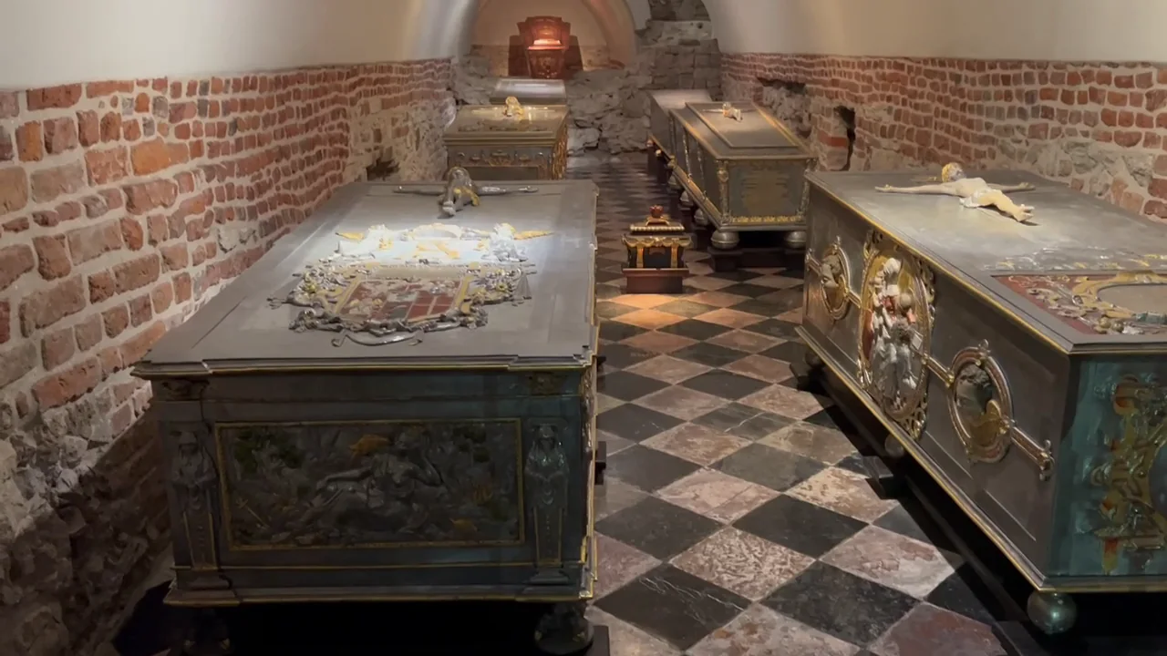 Sarcophagi and burial monuments in the crypts beneath Wawel Cathedral.