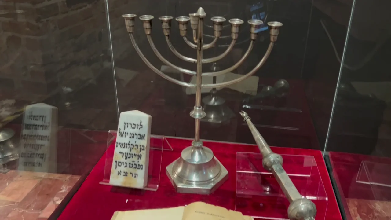 Jewish ritual objects including a Hanukkah lamp displayed in a museum in Konin.
