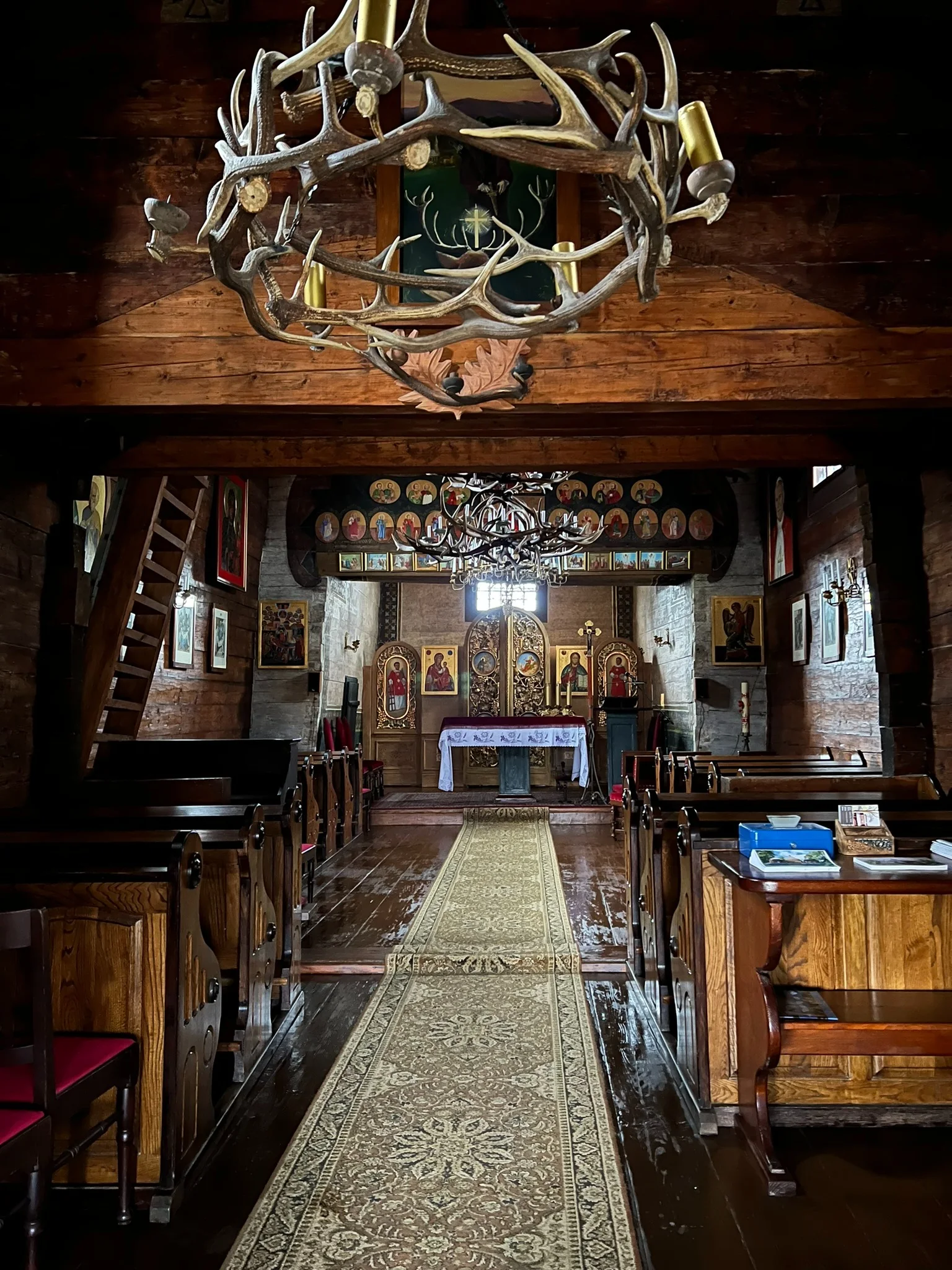 A wooden Eastern Christian interior in the Lutowiska area.