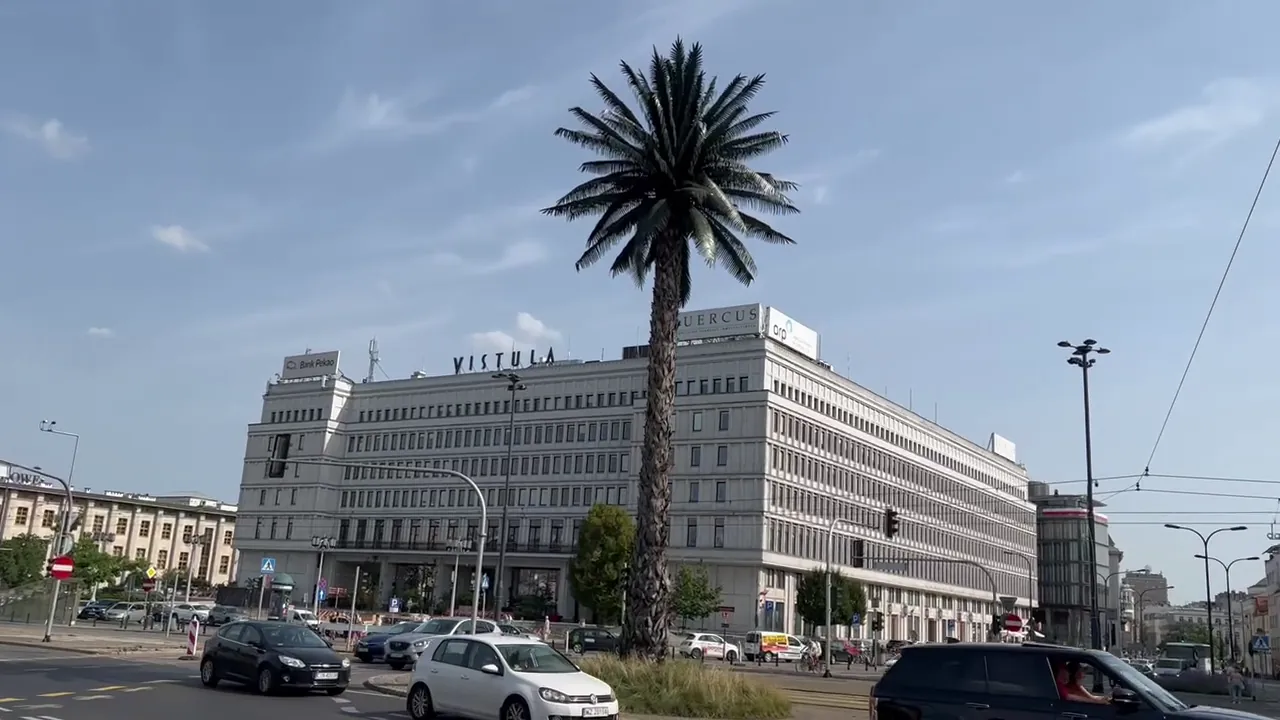 The former Communist Party headquarters beside Warsaw’s artificial palm tree