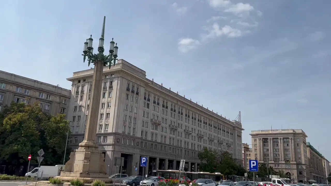 Socialist Realist buildings and a monumental lamppost at Plac Konstytucji