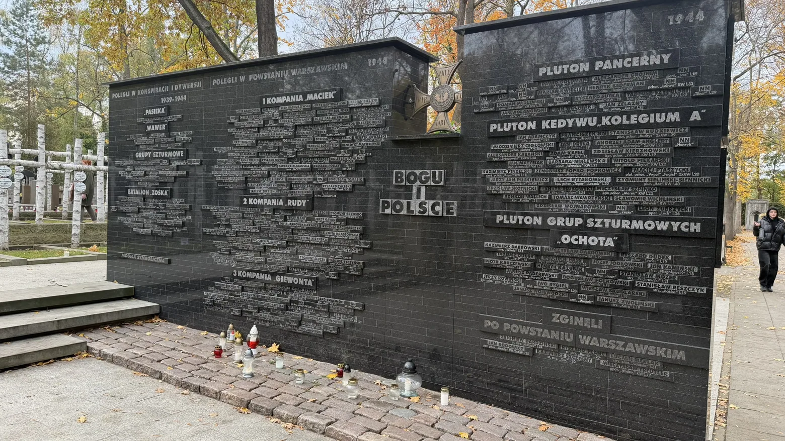 The memorial wall naming fallen Zośka fighters and other underground units.