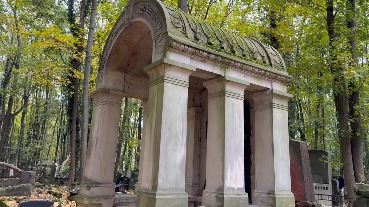 Historical decorated Jewish grave monuments at Okopowa Cemetery