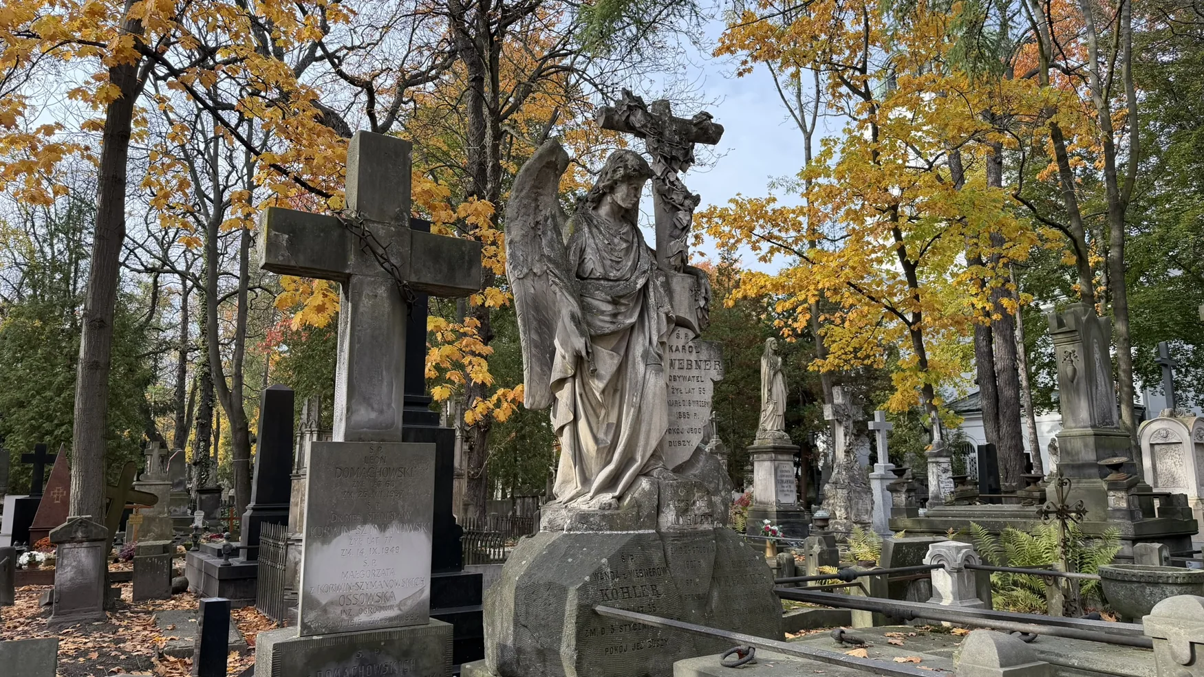 Historic cemetery artwork and stone detail at Old Powązki