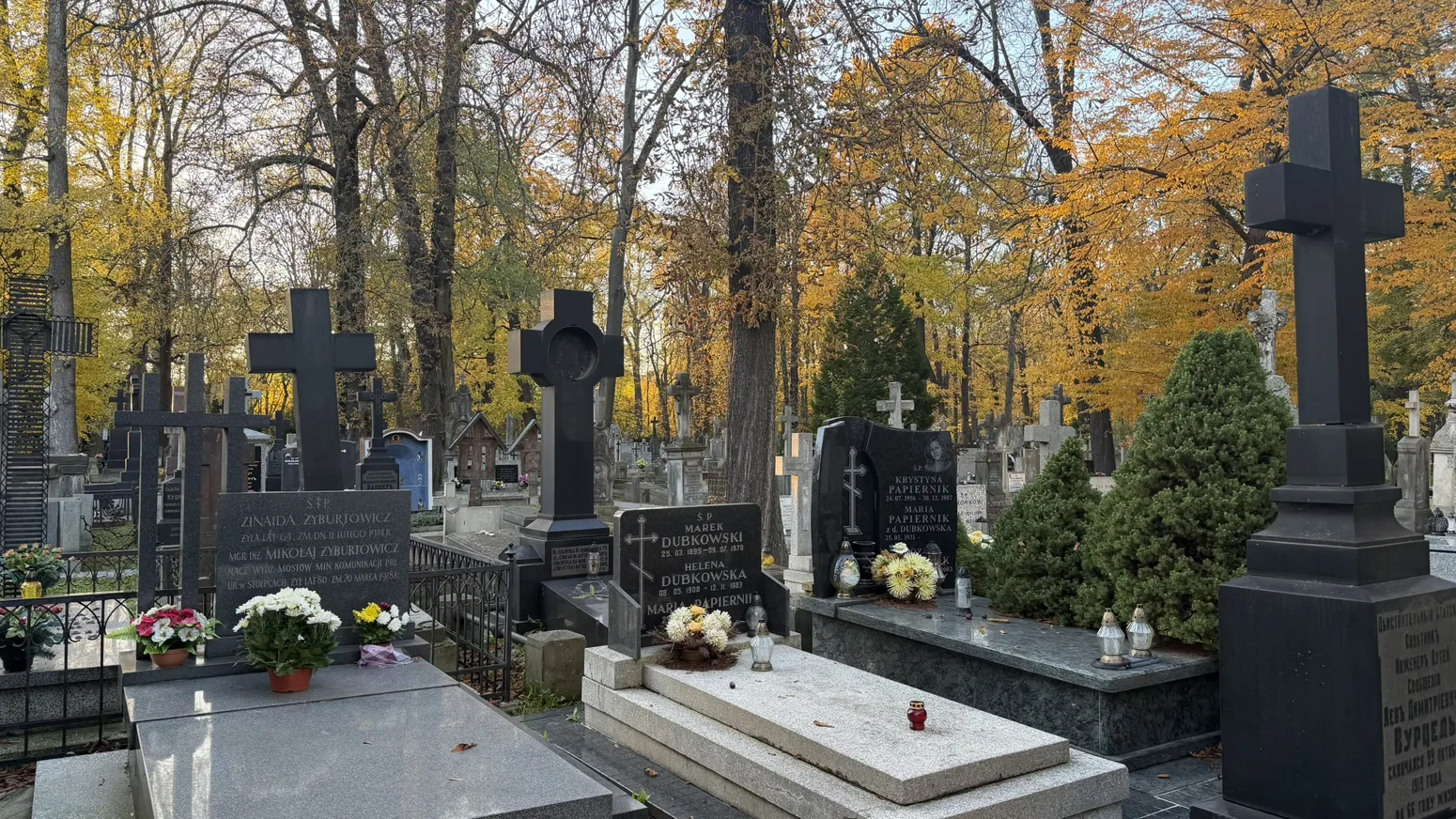 Photograph of Warsaw Orthodox Cemetery: Orthodox crosses and family graves among trees; the headstones belong to an active burial ground.