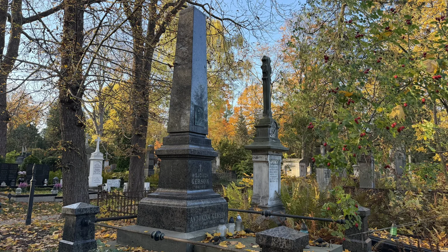 Lutheran cemetery in autumn, its older monuments standing beneath the trees.