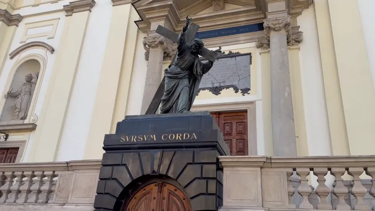 Christ carrying the cross above the entrance to Holy Cross
