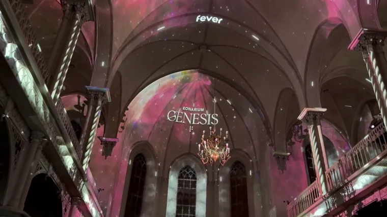 Genesis projections inside the Reformed church — temporary event lighting
