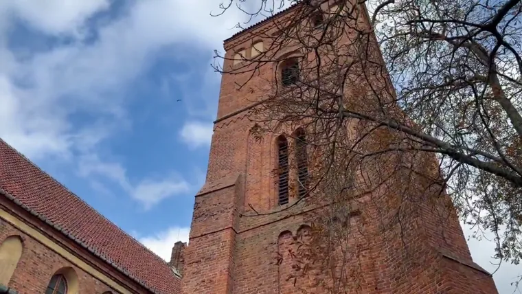 The church’s brick bell tower