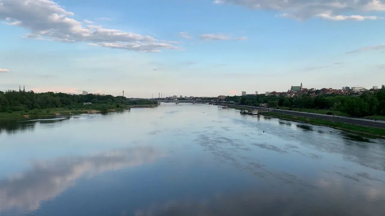 Wide panorama of the Vistula river looking toward Warsaw's historic skyline